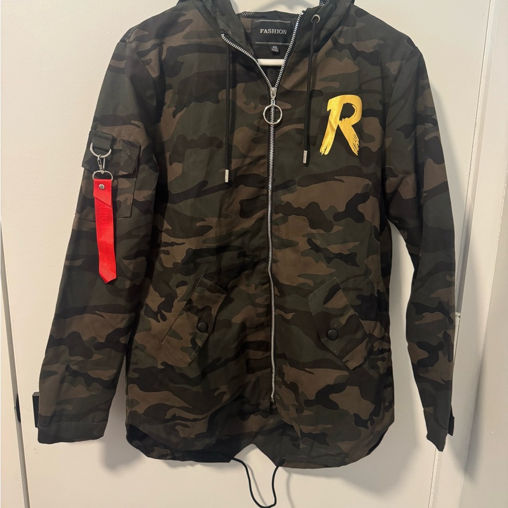Mens Casual Oliv Camo Hooded Wind Breaker Coat Outdoor Jacket  XXL Fashion